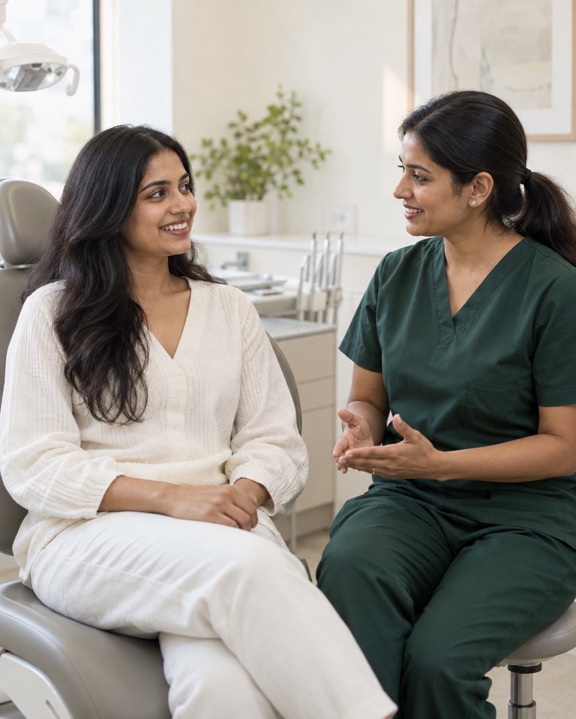 Illustrative dental consultation with a patient and dentist